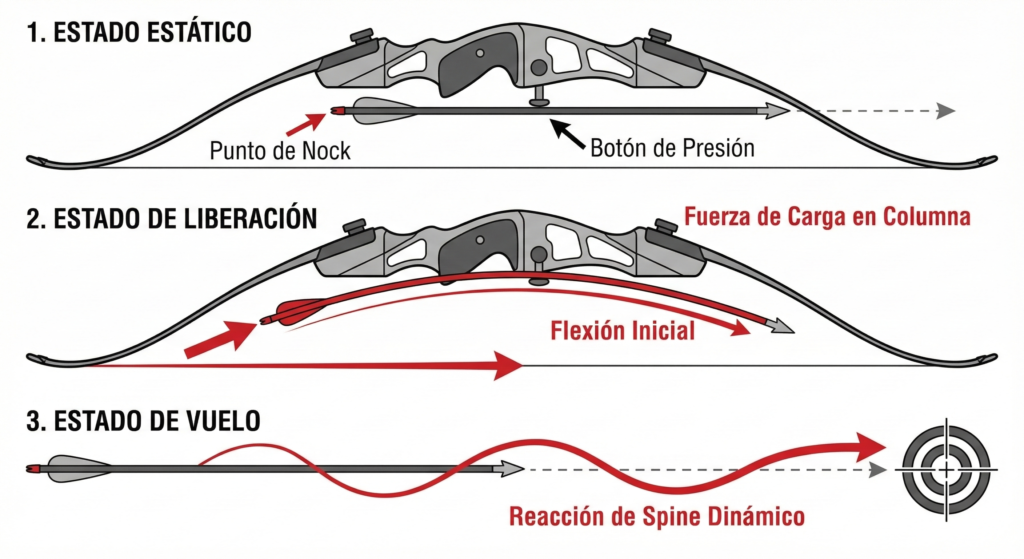 Diagrama técnico de la Paradoja del Arquero que muestra la flexión de la flecha y los vectores de fuerza del spine dinámico al salir de un arco recurvo.